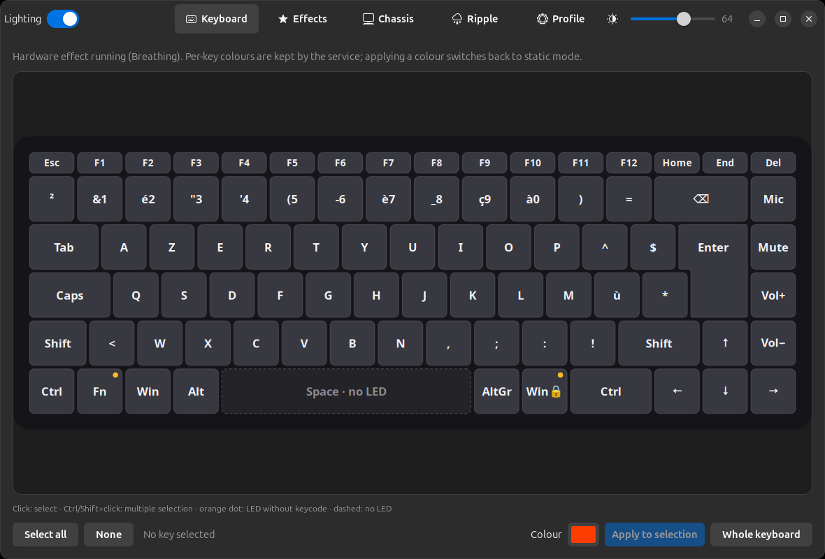Page Keyboard d'AlienFX LEDs : clavier AZERTY dessiné d'après la géométrie mesurée