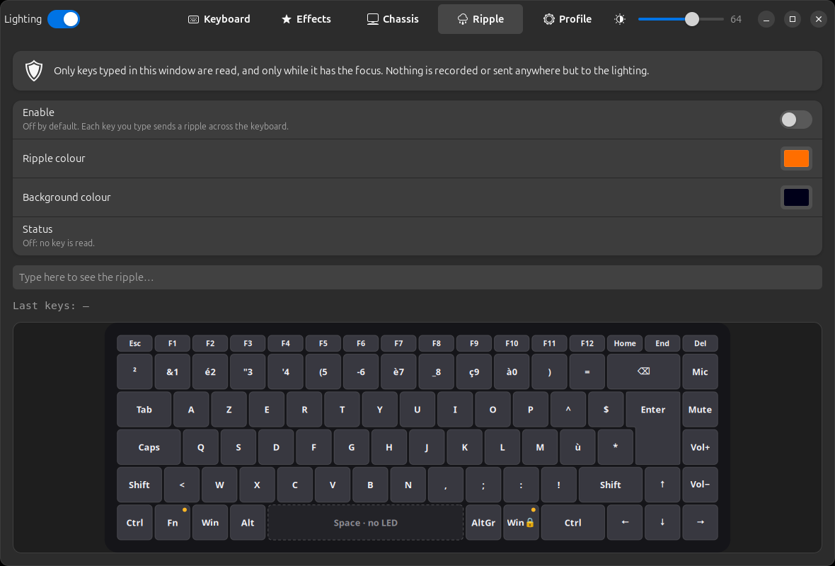 Page Ripple d'AlienFX LEDs : interrupteur Enable désactivé, statut « Off: no key is read »