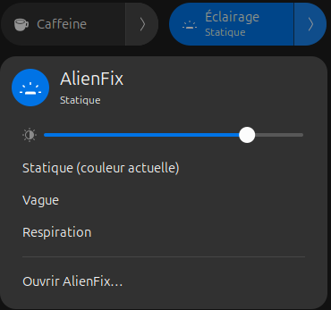 Le bouton d'éclairage dans le menu rapide GNOME