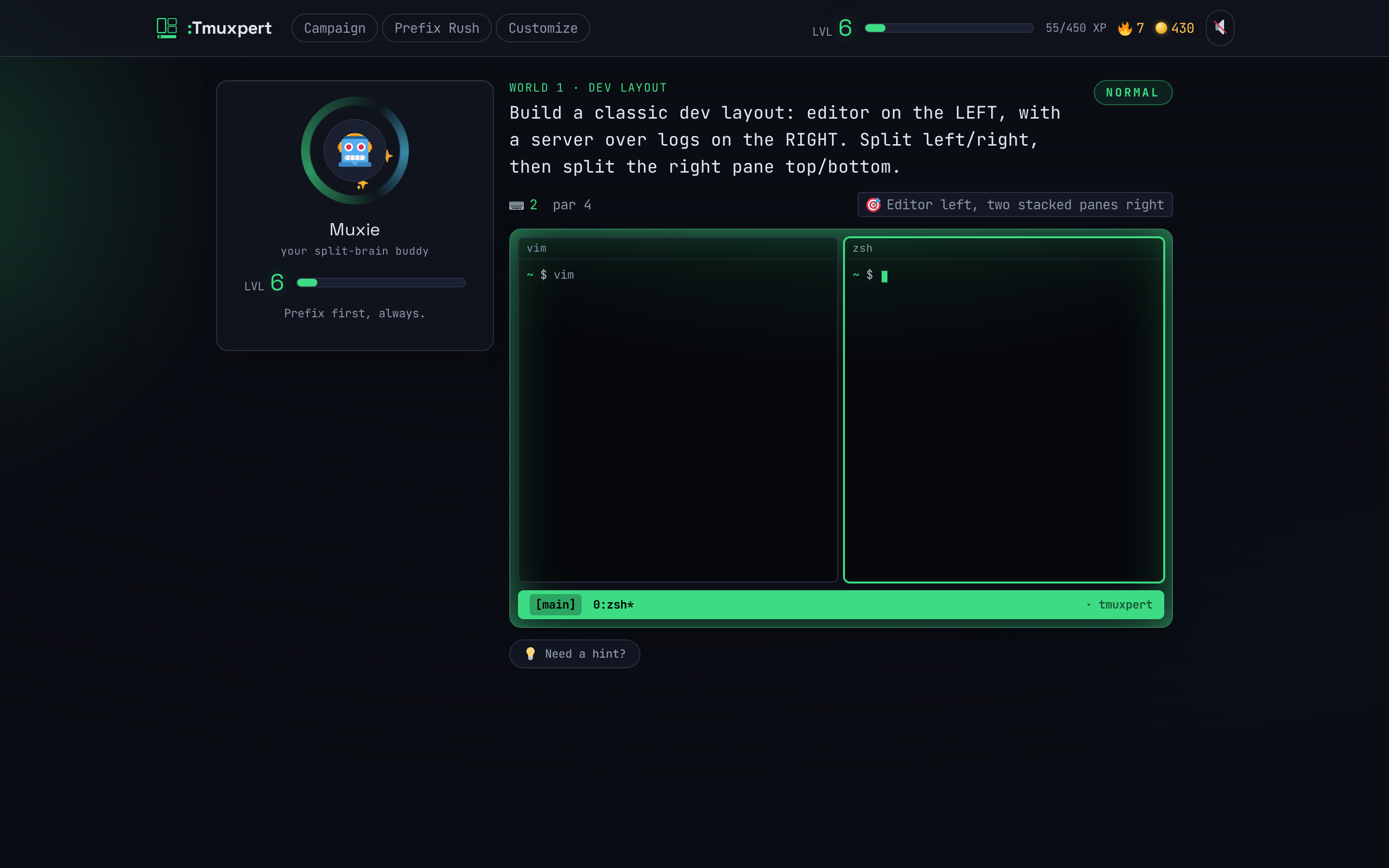 A TmuxLegends level — the interactive tmux surface