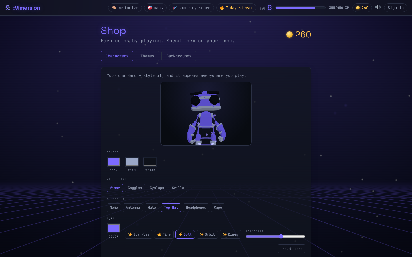 The VimLegends Hero studio — live 3D preview