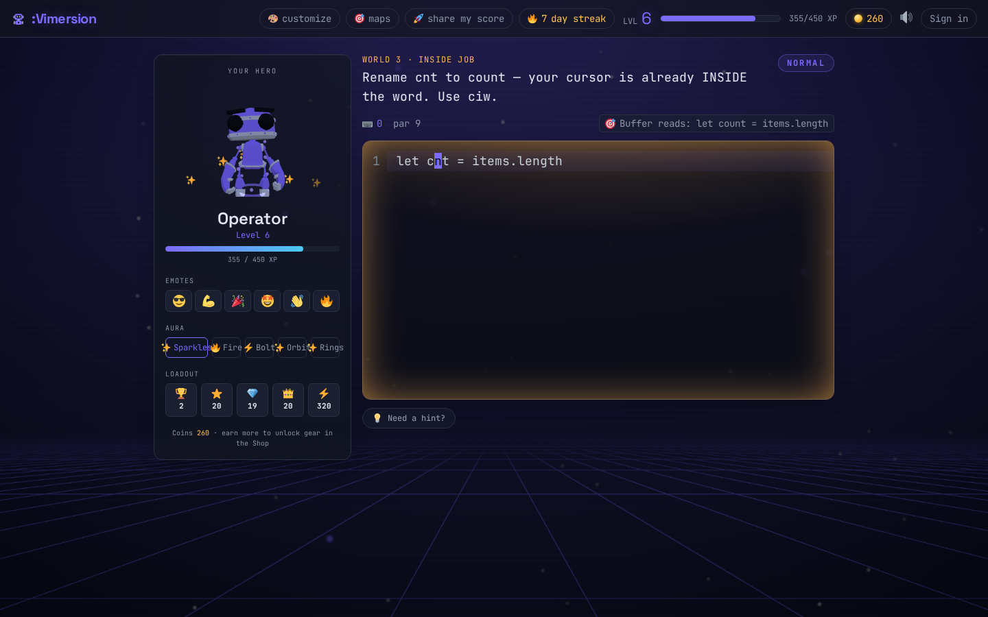 A VimLegends level — the real Vim editor, the Hero and a 3D scene